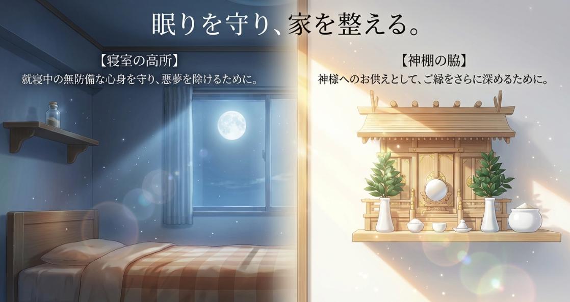 出雲の砂を寝室の高い所、神棚などに置く