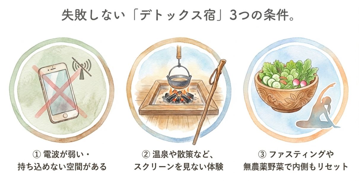 デジタルデトックス向けの宿を選ぶ3つのポイント